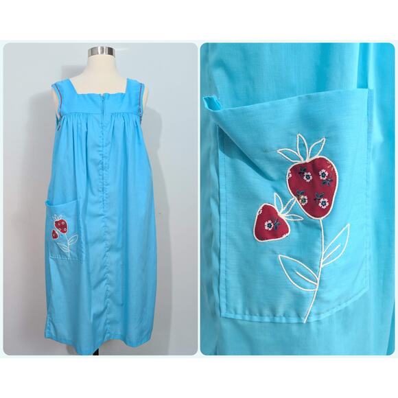 Blue House Dress with Strawberry Pocket - Picture 1 of 7